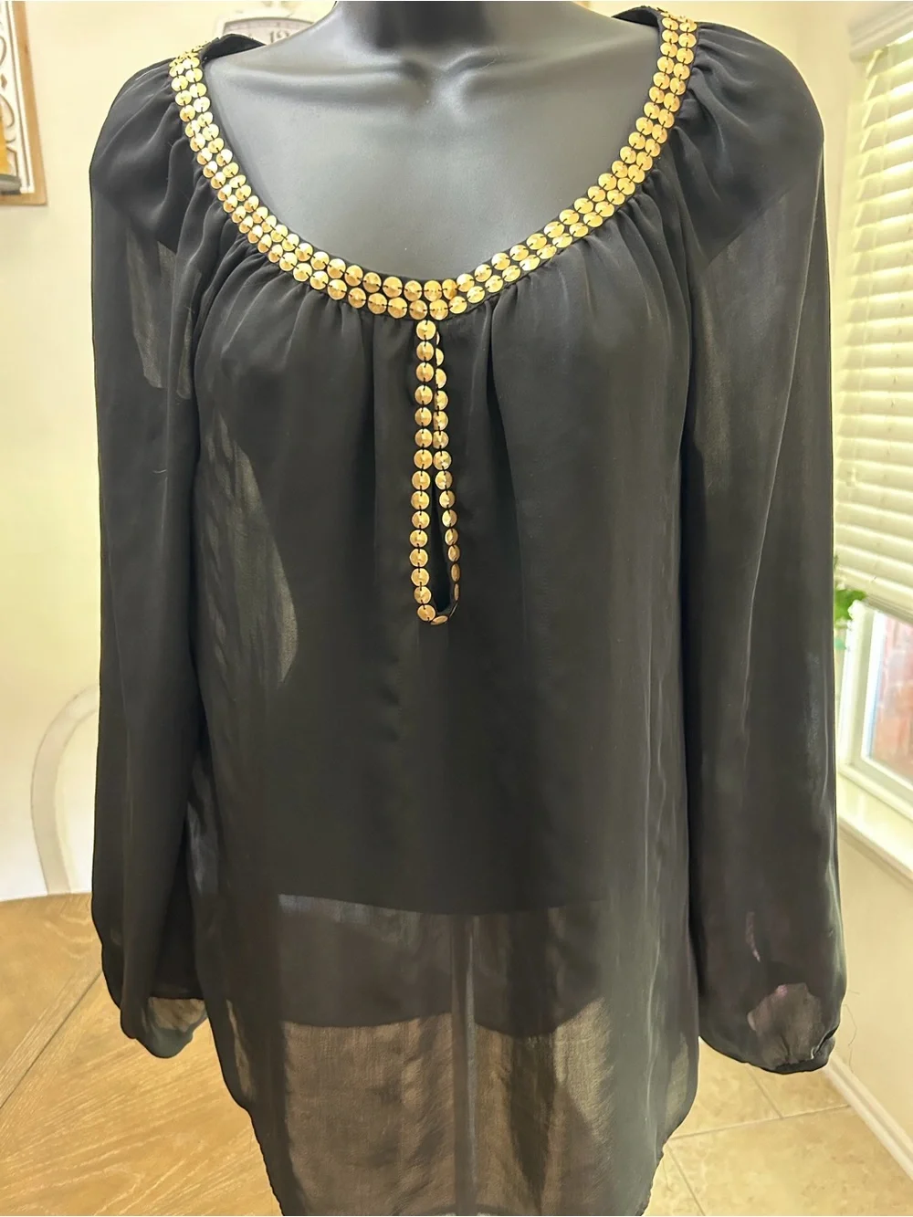 Michael Kors Black Sheer Long-Sleeve Blouse with Gold Bead Trim